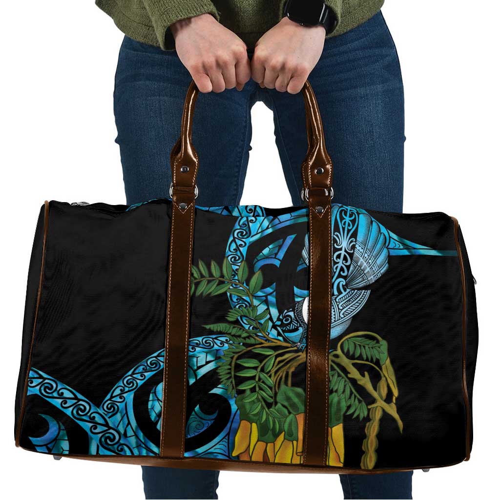 Turquoise New Zealand Kowhai And Piwakawaka Travel Bag Maori Ngaru Paua Shell - Polynesian Pride