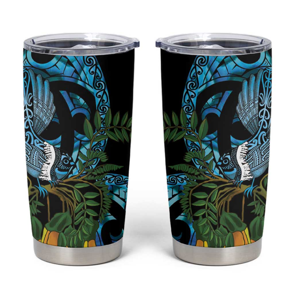 Turquoise New Zealand Kowhai And Piwakawaka Tumbler Cup Maori Ngaru Paua Shell