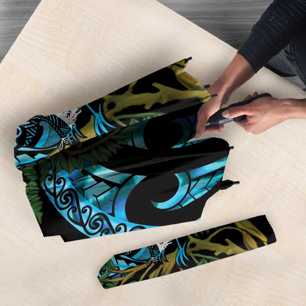 Turquoise New Zealand Kowhai And Piwakawaka Umbrella Maori Ngaru Paua Shell - Polynesian Pride