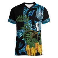 Turquoise New Zealand Kowhai And Piwakawaka Women V-Neck T-Shirt Maori Ngaru Paua Shell LT14 Female Turquoise - Polynesian Pride