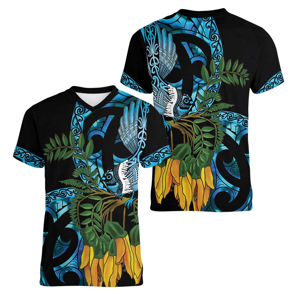 Turquoise New Zealand Kowhai And Piwakawaka Women V-Neck T-Shirt Maori Ngaru Paua Shell LT14 - Polynesian Pride