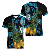 Turquoise New Zealand Kowhai And Piwakawaka Women V-Neck T-Shirt Maori Ngaru Paua Shell LT14 - Polynesian Pride