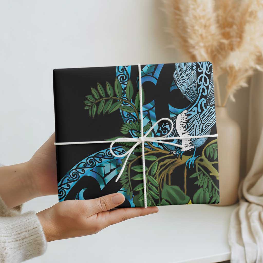 Turquoise New Zealand Kowhai And Piwakawaka Wrapping Paper Maori Ngaru Paua Shell - Polynesian Pride