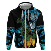 Turquoise New Zealand Kowhai And Piwakawaka Zip Hoodie Maori Ngaru Paua Shell LT14 Zip Hoodie Turquoise - Polynesian Pride