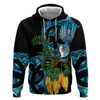 Turquoise New Zealand Kowhai And Piwakawaka Zip Hoodie Maori Ngaru Paua Shell LT14 Pullover Hoodie Turquoise - Polynesian Pride