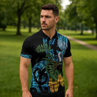 Turquoise New Zealand Kowhai And Piwakawaka Zipper Polo Shirt Maori Ngaru Paua Shell - Polynesian Pride