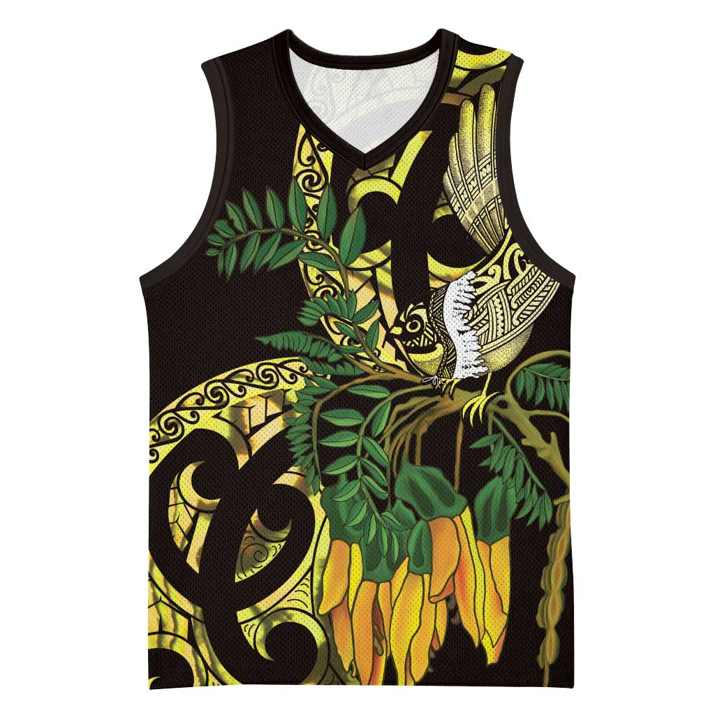 Yellow New Zealand Kowhai And Piwakawaka Basketball Jersey Maori Ngaru Paua Shell - Polynesian Pride