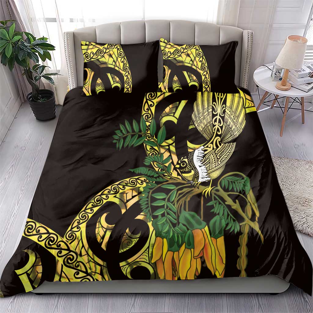 Yellow New Zealand Kowhai And Piwakawaka Bedding Set Maori Ngaru Paua Shell