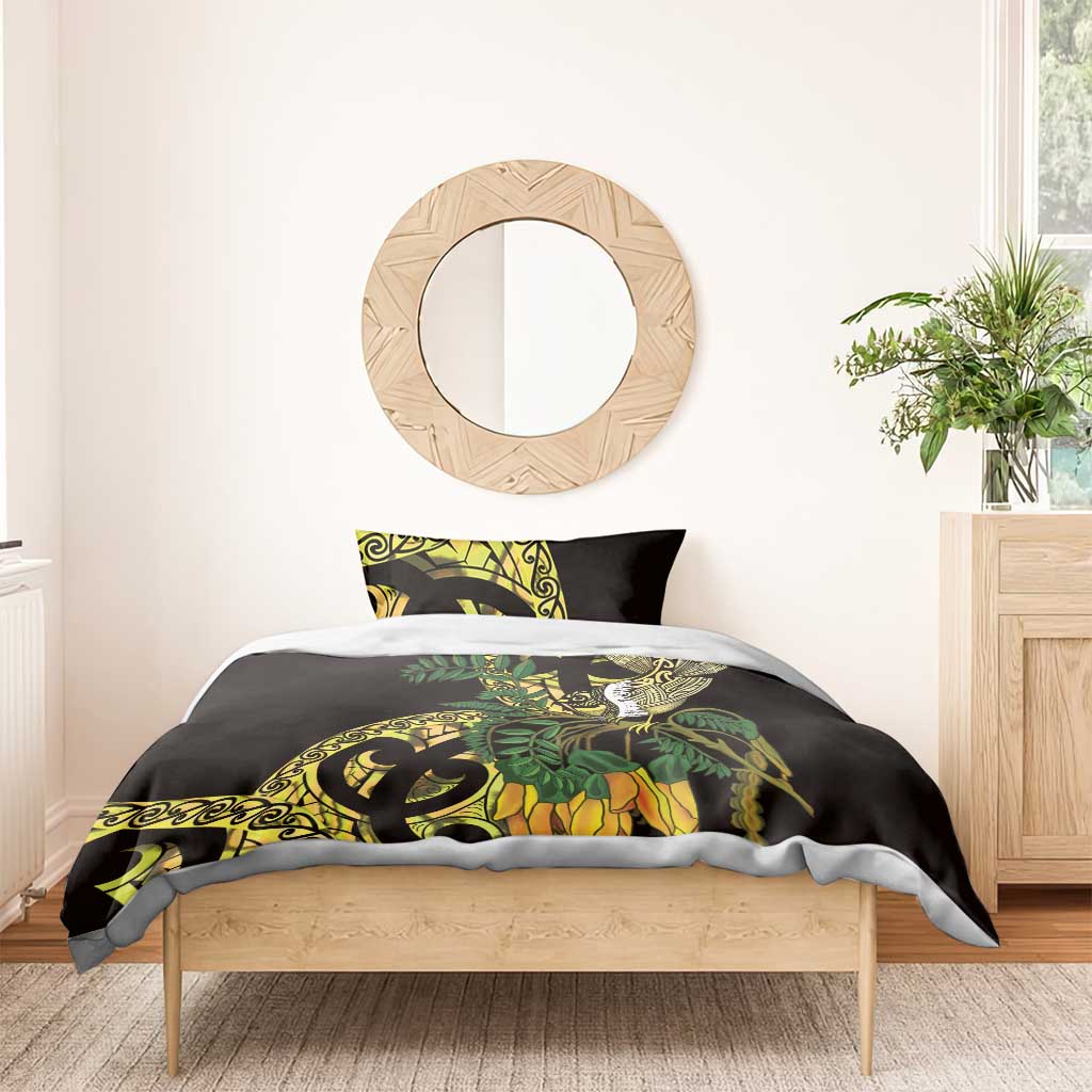 Yellow New Zealand Kowhai And Piwakawaka Bedding Set Maori Ngaru Paua Shell