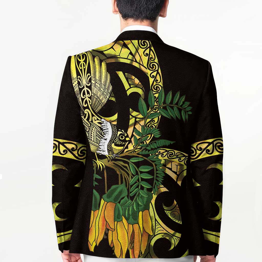 Yellow New Zealand Kowhai And Piwakawaka Blazer Maori Ngaru Paua Shell - Polynesian Pride
