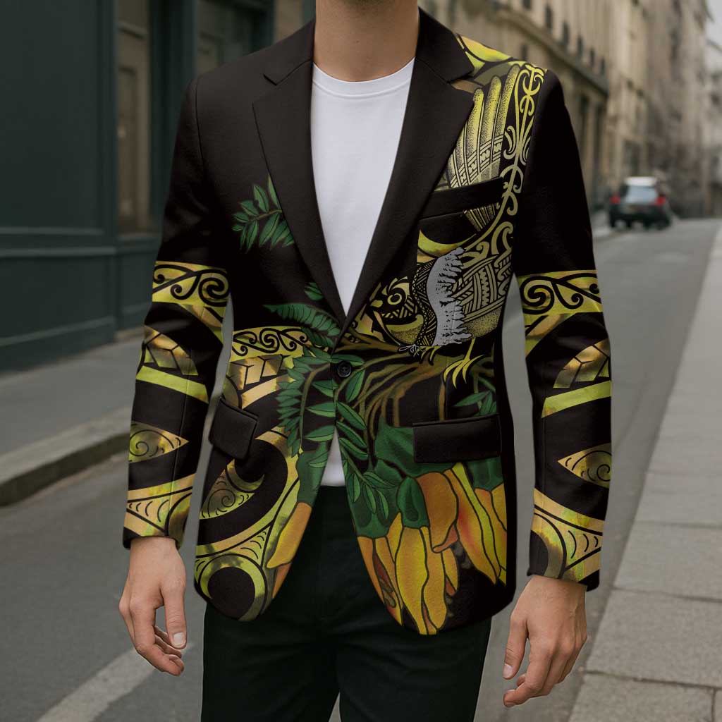 Yellow New Zealand Kowhai And Piwakawaka Blazer Maori Ngaru Paua Shell - Polynesian Pride