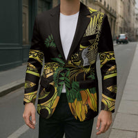 Yellow New Zealand Kowhai And Piwakawaka Blazer Maori Ngaru Paua Shell - Polynesian Pride