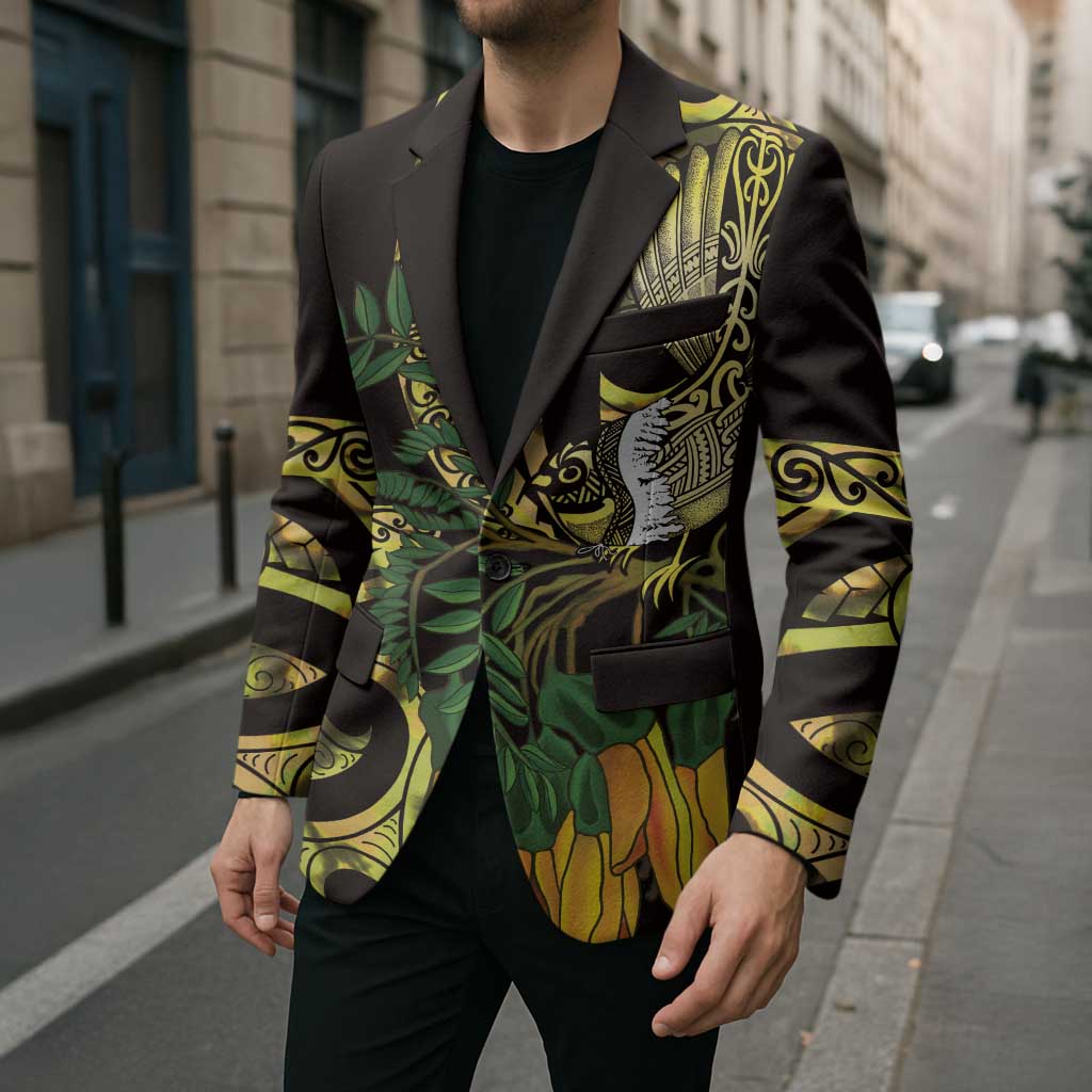 Yellow New Zealand Kowhai And Piwakawaka Blazer Maori Ngaru Paua Shell - Polynesian Pride