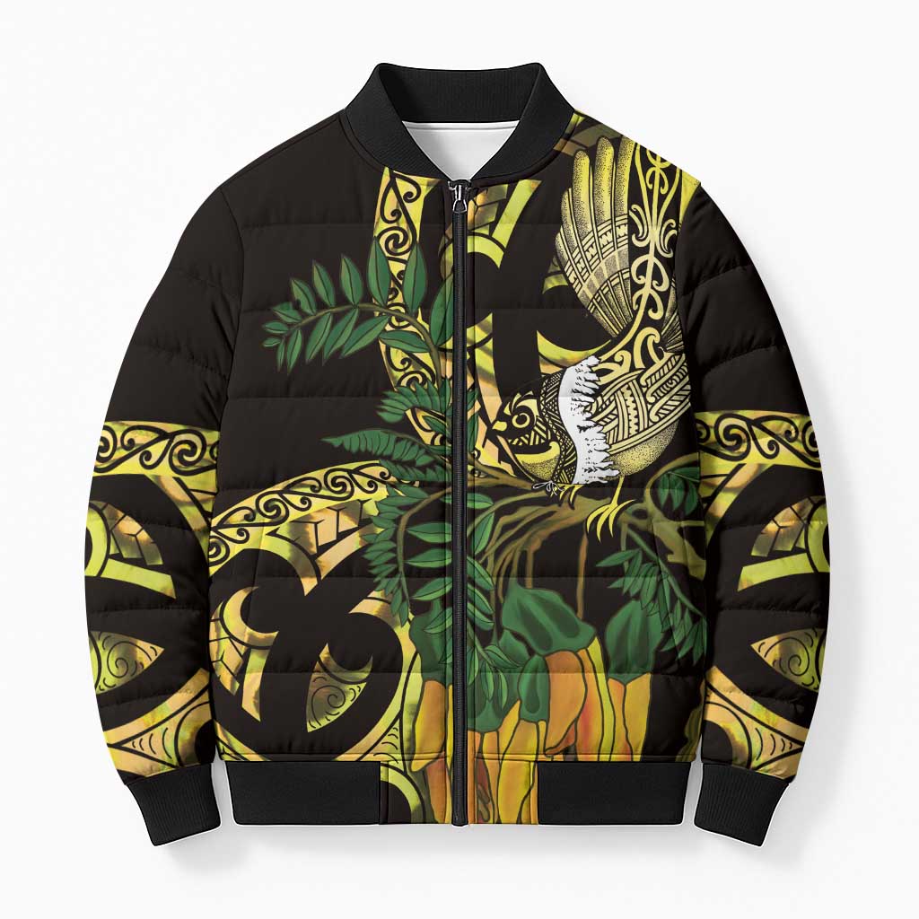 Yellow New Zealand Kowhai And Piwakawaka Bomber Puffer Jacket Maori Ngaru Paua Shell - Polynesian Pride