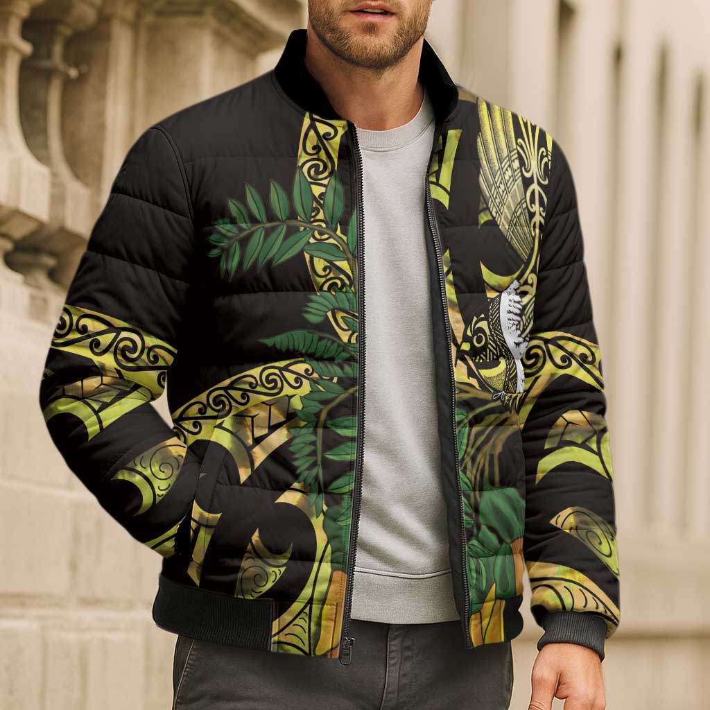 Yellow New Zealand Kowhai And Piwakawaka Bomber Puffer Jacket Maori Ngaru Paua Shell - Polynesian Pride