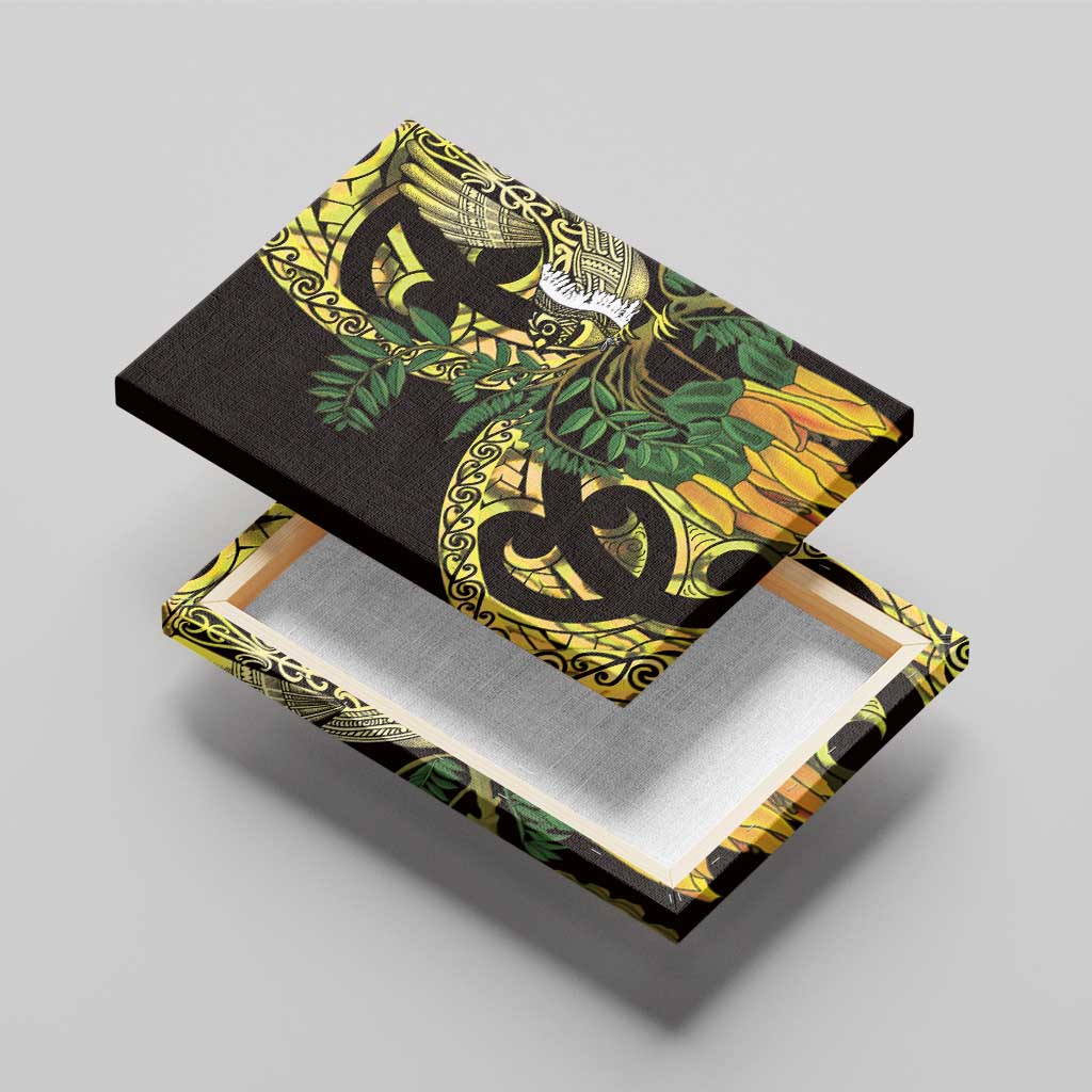 Yellow New Zealand Kowhai And Piwakawaka Canvas Wall Art Maori Ngaru Paua Shell LT14 - Polynesian Pride