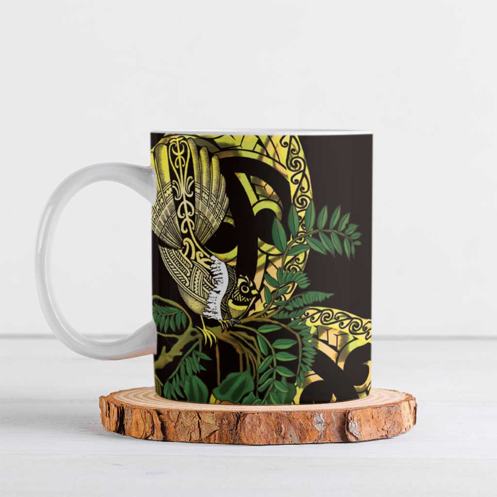 Yellow New Zealand Kowhai And Piwakawaka Ceramic Mug Maori Ngaru Paua Shell - Polynesian Pride