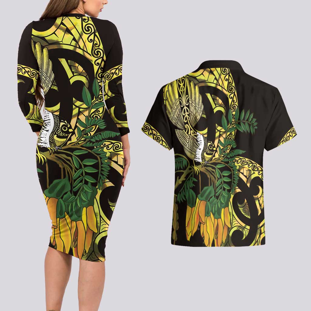 Yellow New Zealand Kowhai And Piwakawaka Couples Matching Long Sleeve Bodycon Dress and Hawaiian Shirt Maori Ngaru Paua Shell