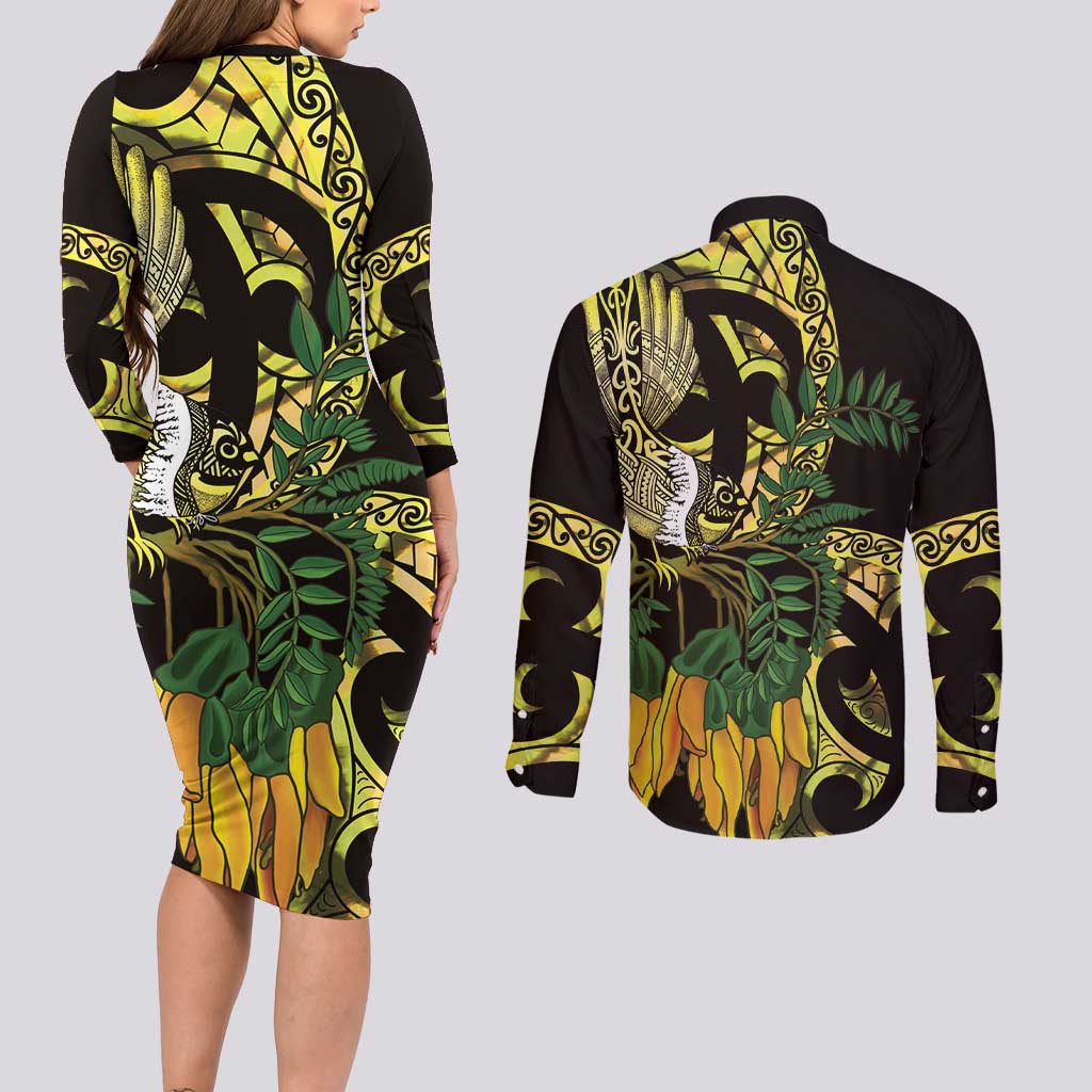 Yellow New Zealand Kowhai And Piwakawaka Couples Matching Long Sleeve Bodycon Dress and Long Sleeve Button Shirt Maori Ngaru Paua Shell LT14 - Polynesian Pride