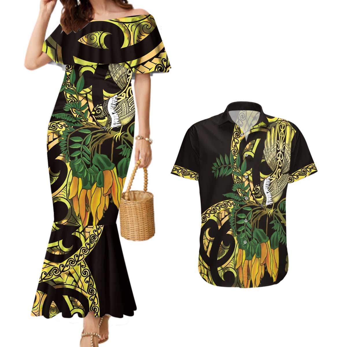 Yellow New Zealand Kowhai And Piwakawaka Couples Matching Mermaid Dress and Hawaiian Shirt Maori Ngaru Paua Shell
