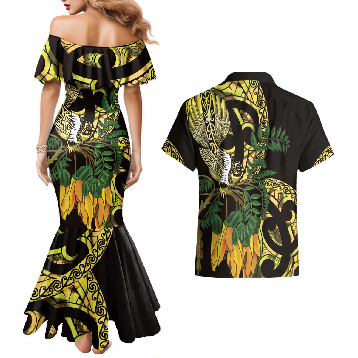 Yellow New Zealand Kowhai And Piwakawaka Couples Matching Mermaid Dress and Hawaiian Shirt Maori Ngaru Paua Shell