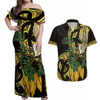 Yellow New Zealand Kowhai And Piwakawaka Couples Matching Off Shoulder Maxi Dress and Hawaiian Shirt Maori Ngaru Paua Shell