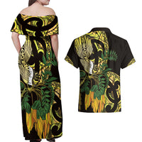 Yellow New Zealand Kowhai And Piwakawaka Couples Matching Off Shoulder Maxi Dress and Hawaiian Shirt Maori Ngaru Paua Shell