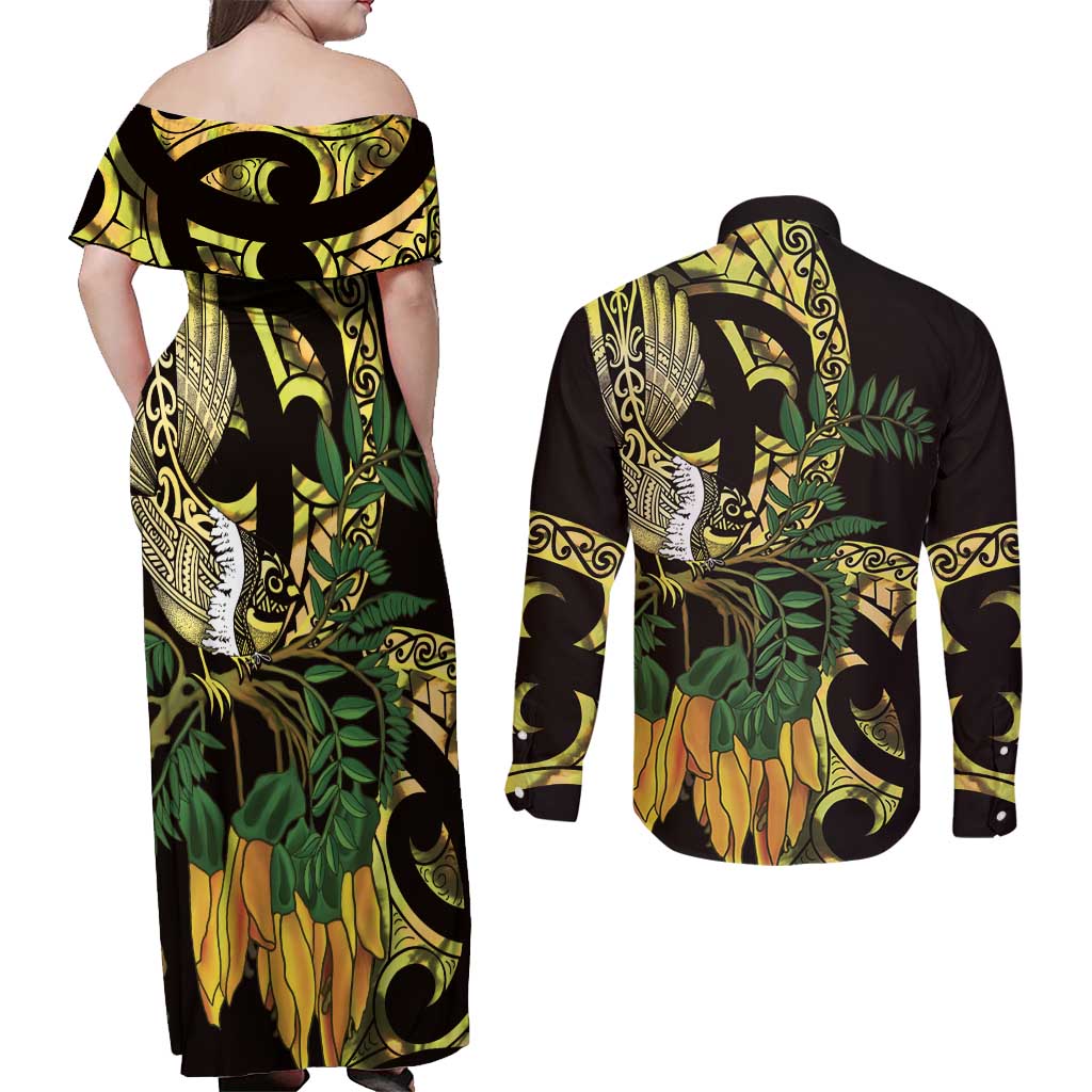 Yellow New Zealand Kowhai And Piwakawaka Couples Matching Off Shoulder Maxi Dress and Long Sleeve Button Shirt Maori Ngaru Paua Shell LT14 - Polynesian Pride