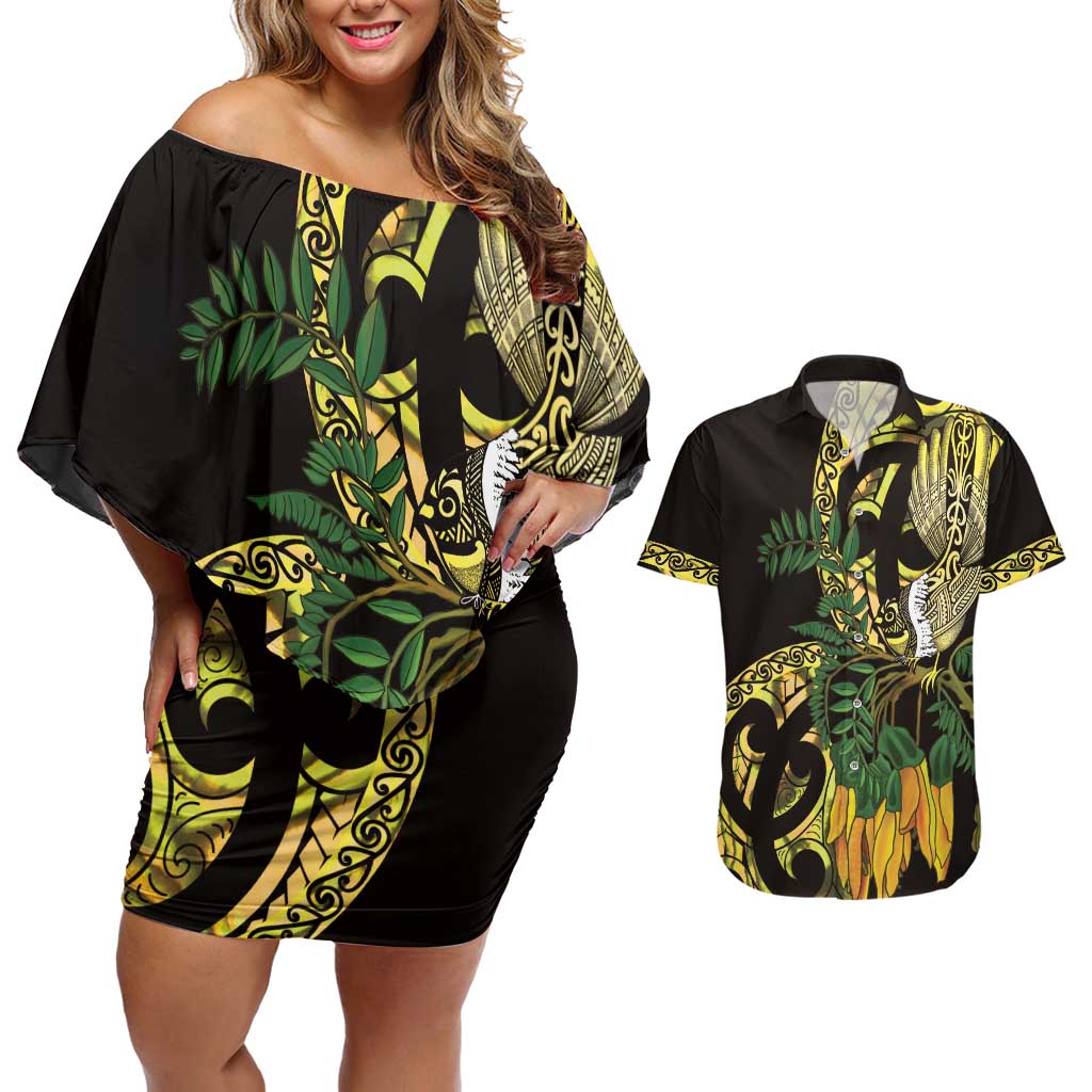 Yellow New Zealand Kowhai And Piwakawaka Couples Matching Off Shoulder Short Dress and Hawaiian Shirt Maori Ngaru Paua Shell