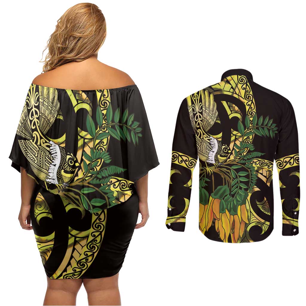 Yellow New Zealand Kowhai And Piwakawaka Couples Matching Off Shoulder Short Dress and Long Sleeve Button Shirt Maori Ngaru Paua Shell LT14 - Polynesian Pride