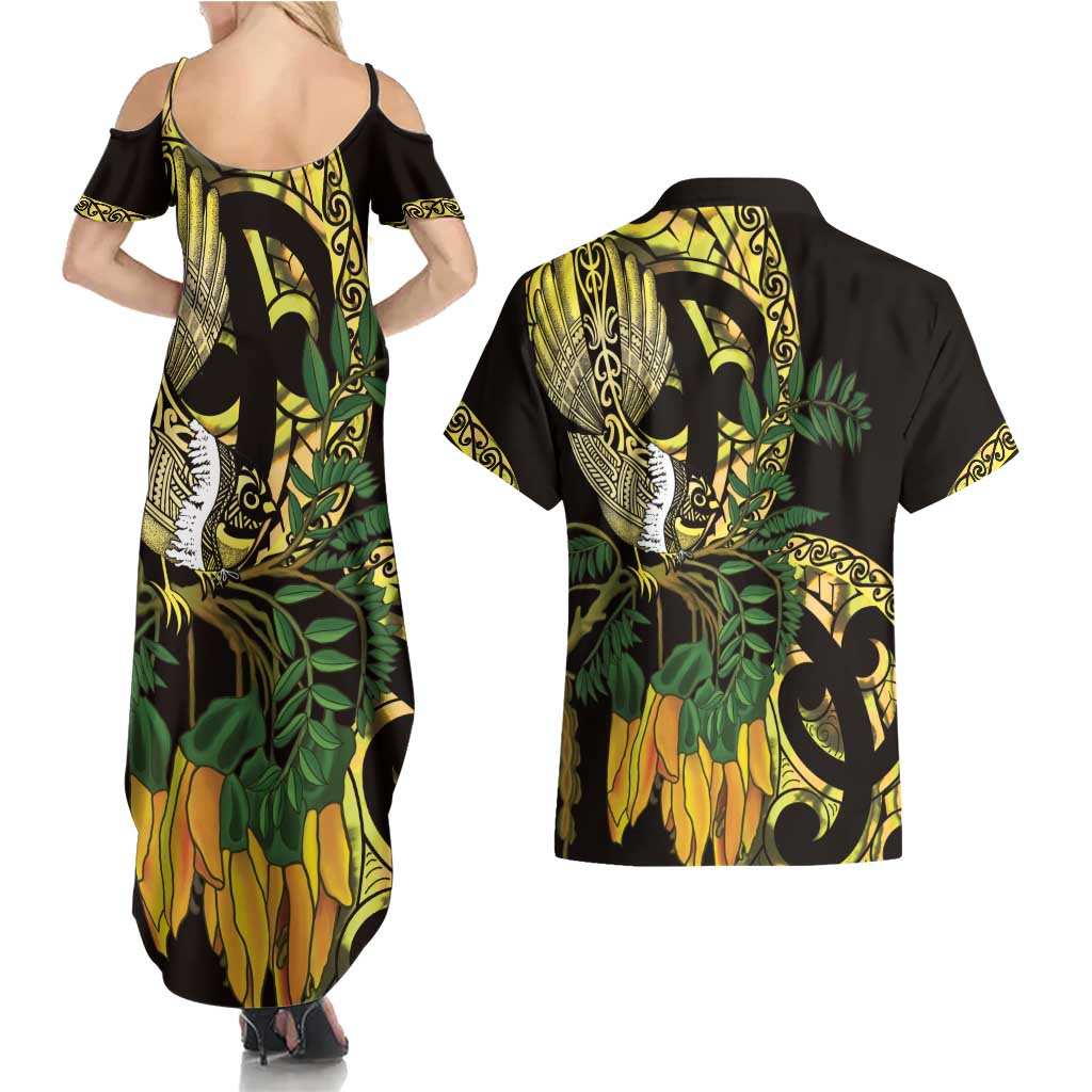 Yellow New Zealand Kowhai And Piwakawaka Couples Matching Summer Maxi Dress and Hawaiian Shirt Maori Ngaru Paua Shell
