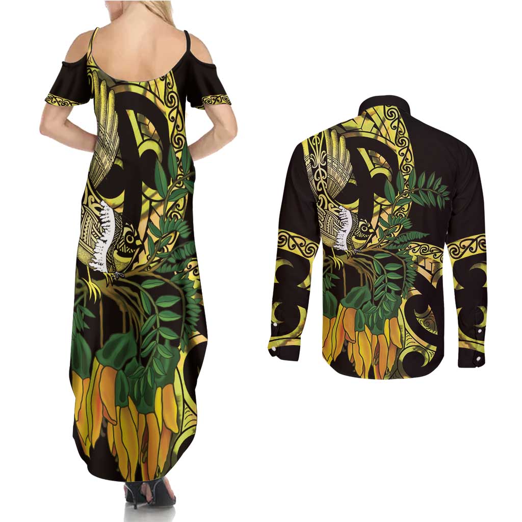 Yellow New Zealand Kowhai And Piwakawaka Couples Matching Summer Maxi Dress and Long Sleeve Button Shirt Maori Ngaru Paua Shell LT14 - Polynesian Pride