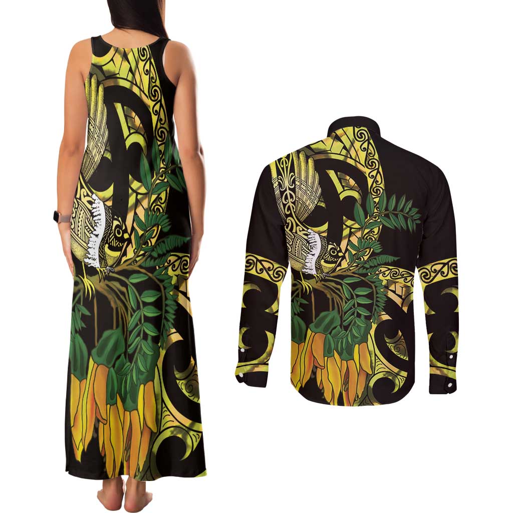 Yellow New Zealand Kowhai And Piwakawaka Couples Matching Tank Maxi Dress and Long Sleeve Button Shirt Maori Ngaru Paua Shell LT14 - Polynesian Pride