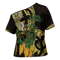 Yellow New Zealand Kowhai And Piwakawaka Cross Shoulder Shirt Maori Ngaru Paua Shell - Polynesian Pride