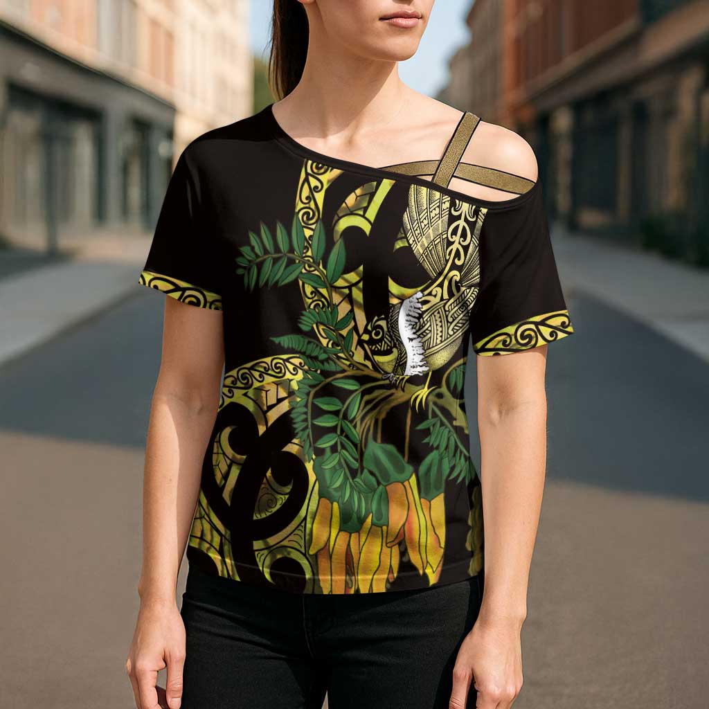 Yellow New Zealand Kowhai And Piwakawaka Cross Shoulder Shirt Maori Ngaru Paua Shell - Polynesian Pride