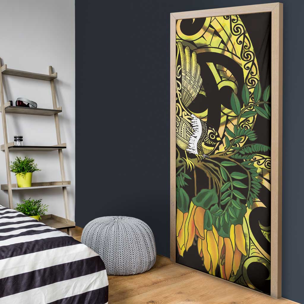 Yellow New Zealand Kowhai And Piwakawaka Door Cover Maori Ngaru Paua Shell - Polynesian Pride