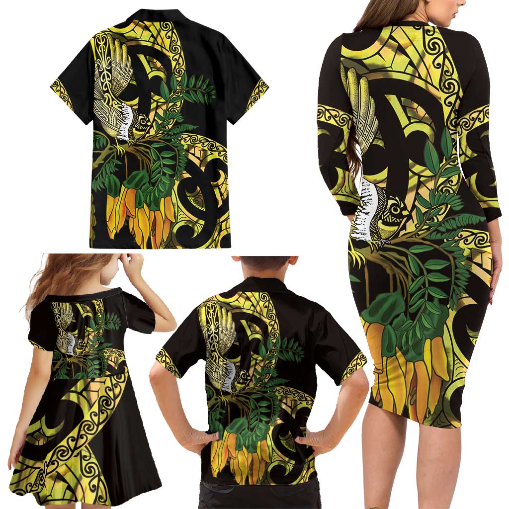 Yellow New Zealand Kowhai And Piwakawaka Family Matching Long Sleeve Bodycon Dress and Hawaiian Shirt Maori Ngaru Paua Shell LT14 - Polynesian Pride
