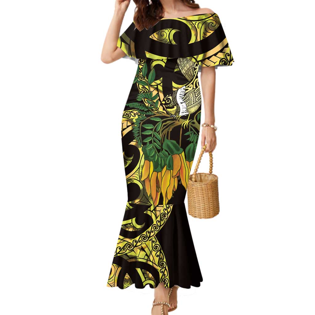 Yellow New Zealand Kowhai And Piwakawaka Family Matching Mermaid Dress and Hawaiian Shirt Maori Ngaru Paua Shell LT14 Mom's Dress Yellow - Polynesian Pride