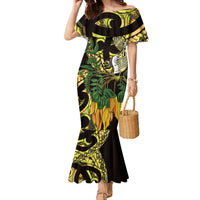 Yellow New Zealand Kowhai And Piwakawaka Family Matching Mermaid Dress and Hawaiian Shirt Maori Ngaru Paua Shell LT14 Mom's Dress Yellow - Polynesian Pride