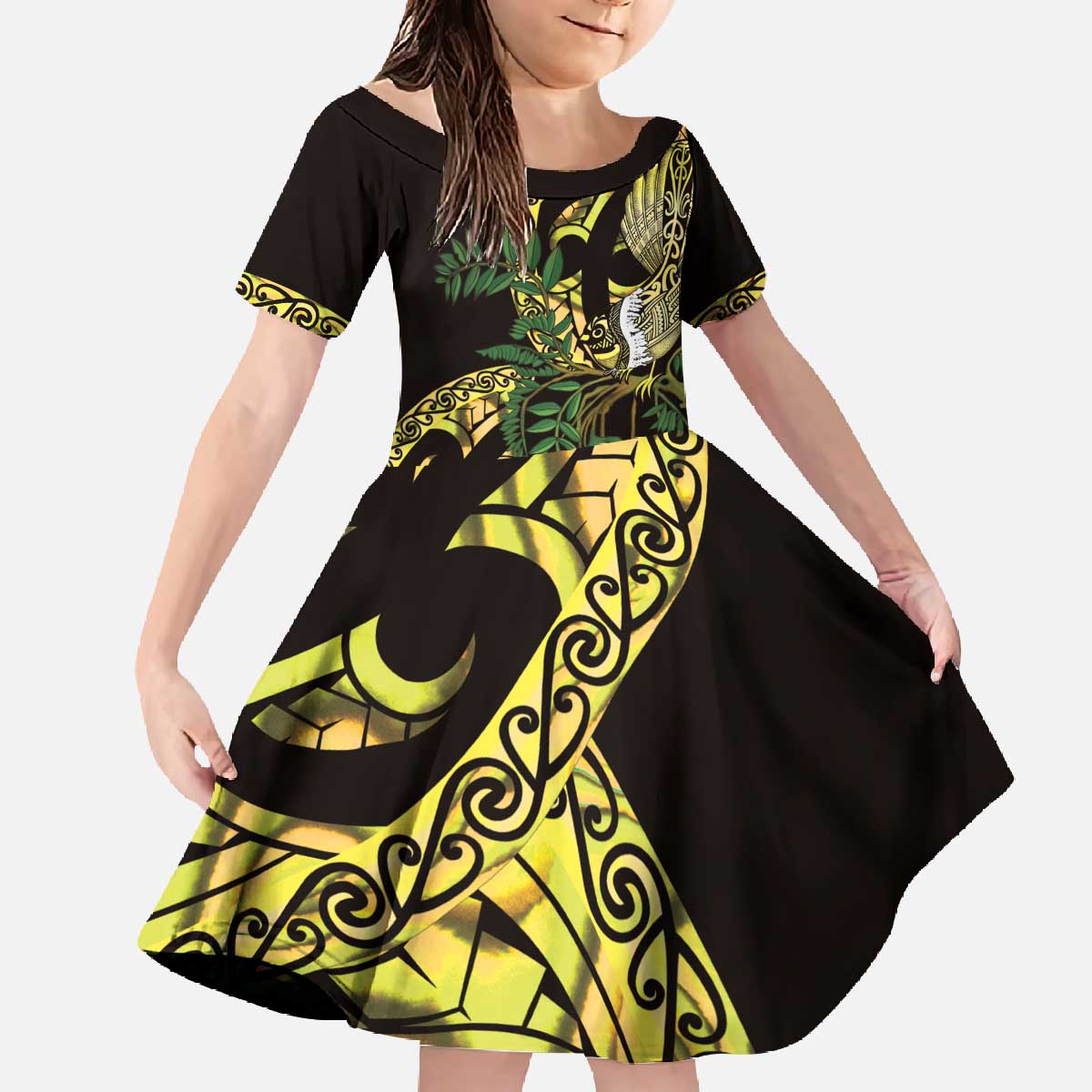 Yellow New Zealand Kowhai And Piwakawaka Family Matching Off The Shoulder Long Sleeve Dress and Hawaiian Shirt Maori Ngaru Paua Shell LT14 Daughter's Dress Yellow - Polynesian Pride