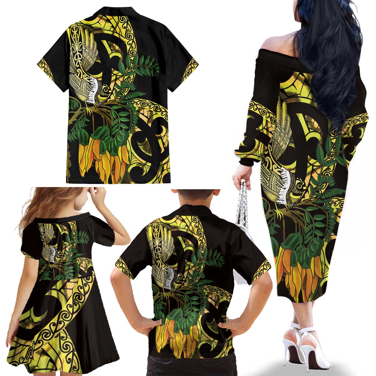 Yellow New Zealand Kowhai And Piwakawaka Family Matching Off The Shoulder Long Sleeve Dress and Hawaiian Shirt Maori Ngaru Paua Shell LT14 - Polynesian Pride
