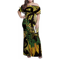 Yellow New Zealand Kowhai And Piwakawaka Family Matching Off Shoulder Maxi Dress and Hawaiian Shirt Maori Ngaru Paua Shell