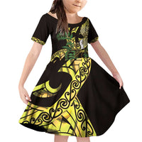 Yellow New Zealand Kowhai And Piwakawaka Family Matching Off Shoulder Short Dress and Hawaiian Shirt Maori Ngaru Paua Shell