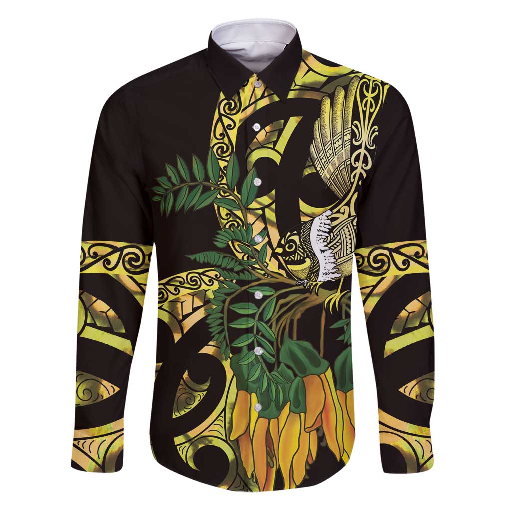 Yellow New Zealand Kowhai And Piwakawaka Family Matching Puletasi and Hawaiian Shirt Maori Ngaru Paua Shell LT14 Dad's Shirt - Long Sleeve Yellow - Polynesian Pride