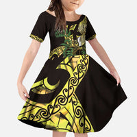 Yellow New Zealand Kowhai And Piwakawaka Family Matching Short Sleeve Bodycon Dress and Hawaiian Shirt Maori Ngaru Paua Shell LT14 Daughter's Dress Yellow - Polynesian Pride