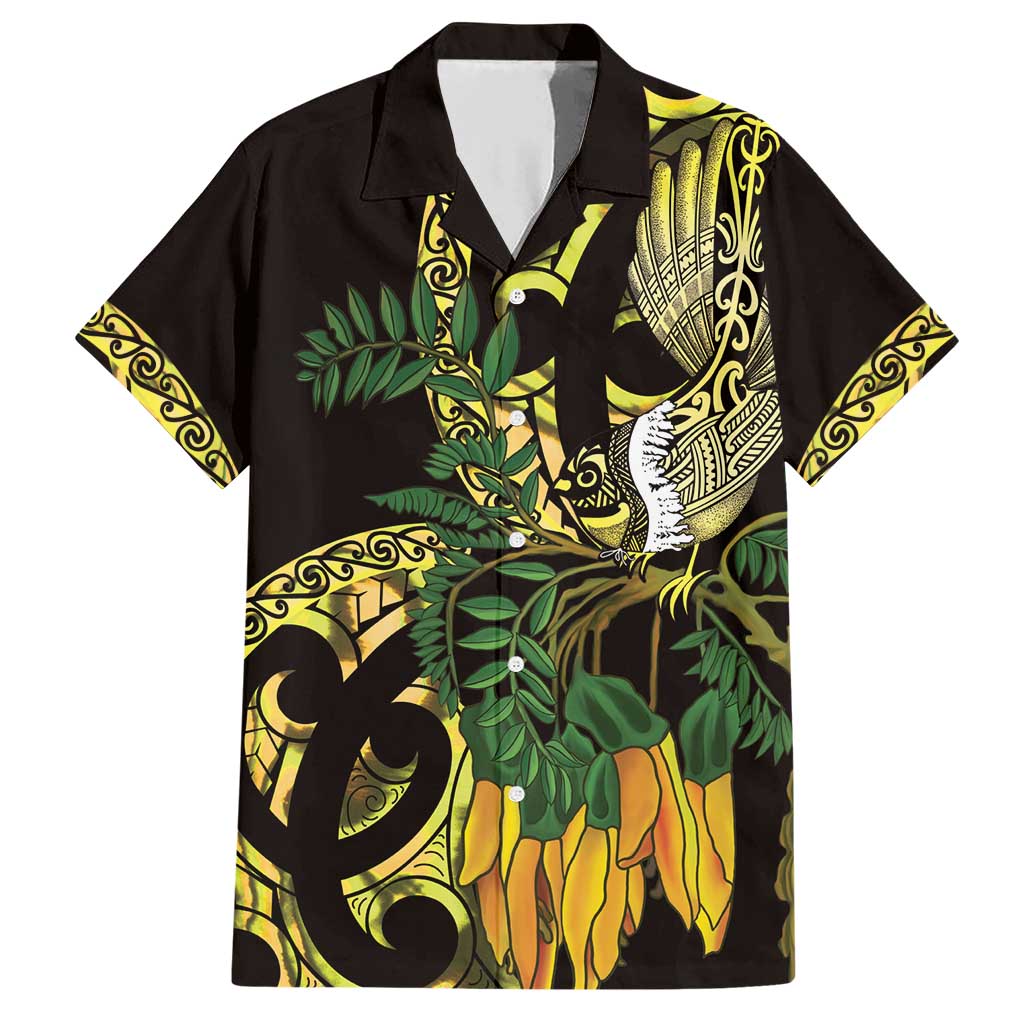 Yellow New Zealand Kowhai And Piwakawaka Family Matching Short Sleeve Bodycon Dress and Hawaiian Shirt Maori Ngaru Paua Shell LT14 Dad's Shirt - Short Sleeve Yellow - Polynesian Pride