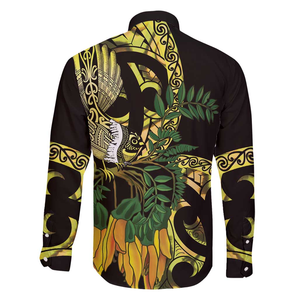 Yellow New Zealand Kowhai And Piwakawaka Family Matching Short Sleeve Bodycon Dress and Hawaiian Shirt Maori Ngaru Paua Shell LT14 - Polynesian Pride