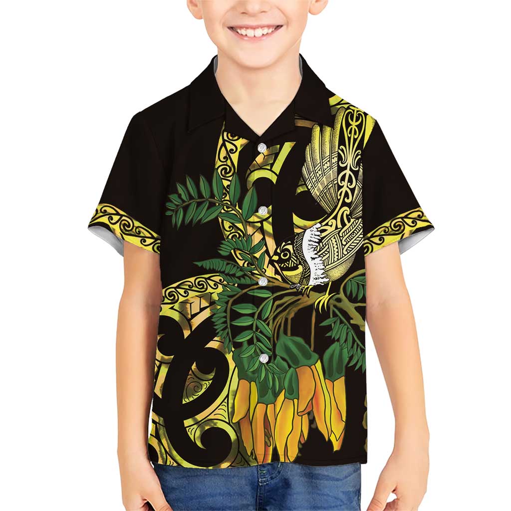 Yellow New Zealand Kowhai And Piwakawaka Family Matching Short Sleeve Bodycon Dress and Hawaiian Shirt Maori Ngaru Paua Shell LT14 Son's Shirt Yellow - Polynesian Pride