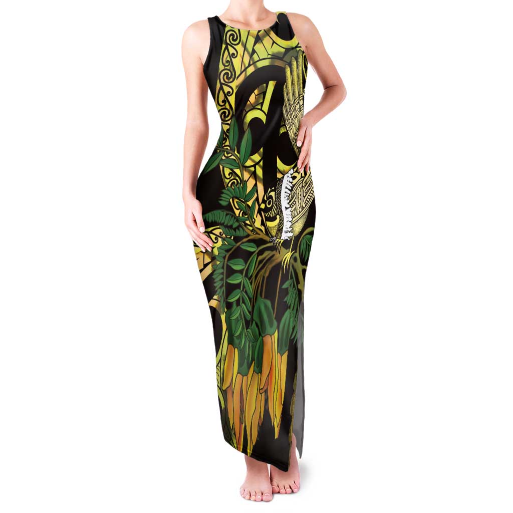 Yellow New Zealand Kowhai And Piwakawaka Family Matching Tank Maxi Dress and Hawaiian Shirt Maori Ngaru Paua Shell