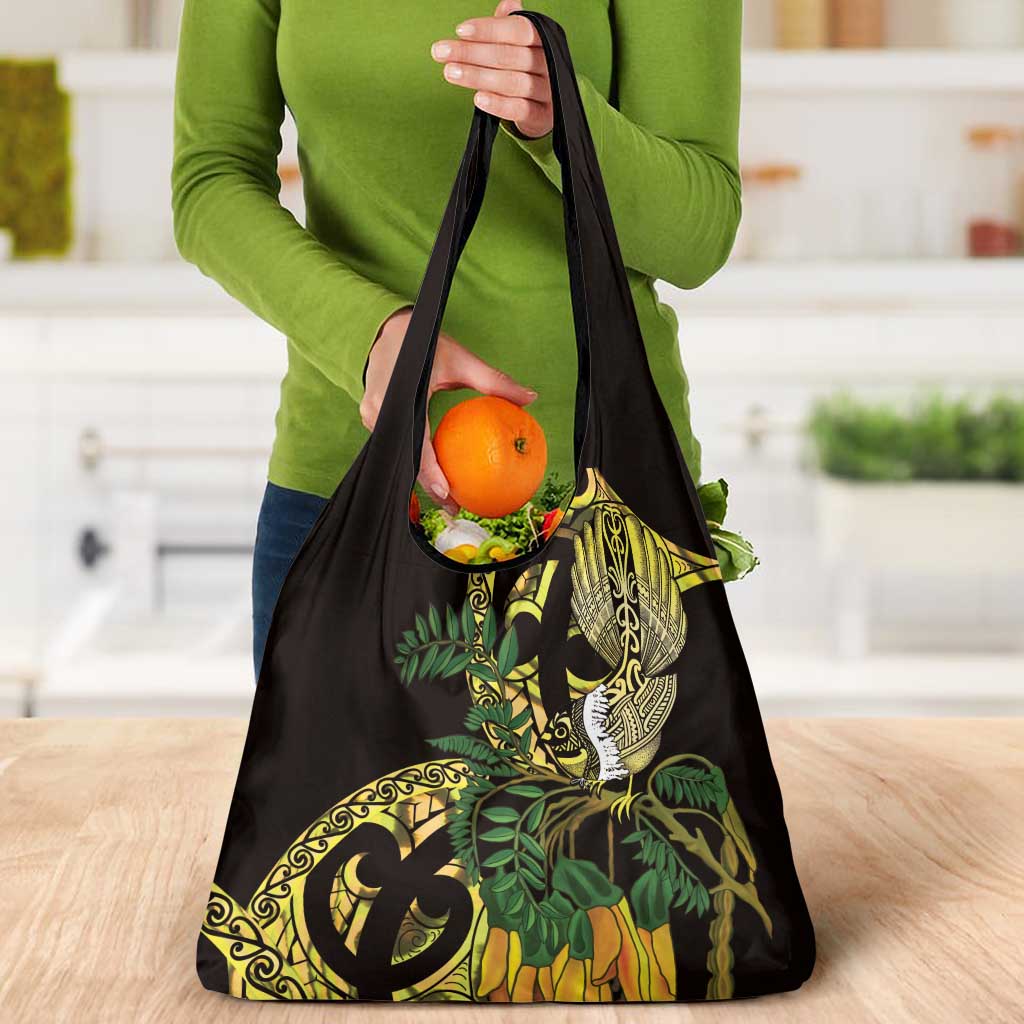 Yellow New Zealand Kowhai And Piwakawaka Grocery Bag Maori Ngaru Paua Shell